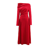SUPER WHOLESALE | Valentine red high-slit pleated maxi dress