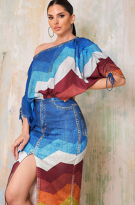 SUPER WHOLESALE | Printed Bat Shoulder Skirt Set