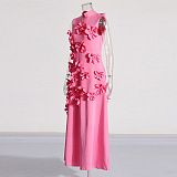 SUPER WHOLESALE |  Bow-tie faux-flower Embellished Sleeveless Maxi Dress in Pink