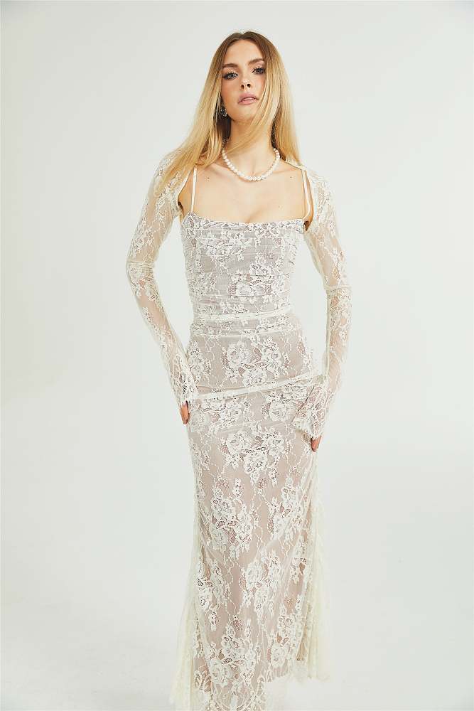 SUPER WHOLESALE |White Floral Lace Mesh Maxi Dress