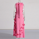 SUPER WHOLESALE |  Bow-tie faux-flower Embellished Sleeveless Maxi Dress in Pink