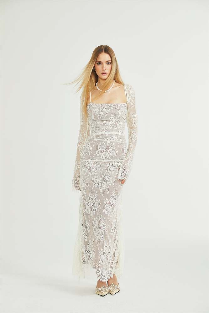 SUPER WHOLESALE |White Floral Lace Mesh Maxi Dress