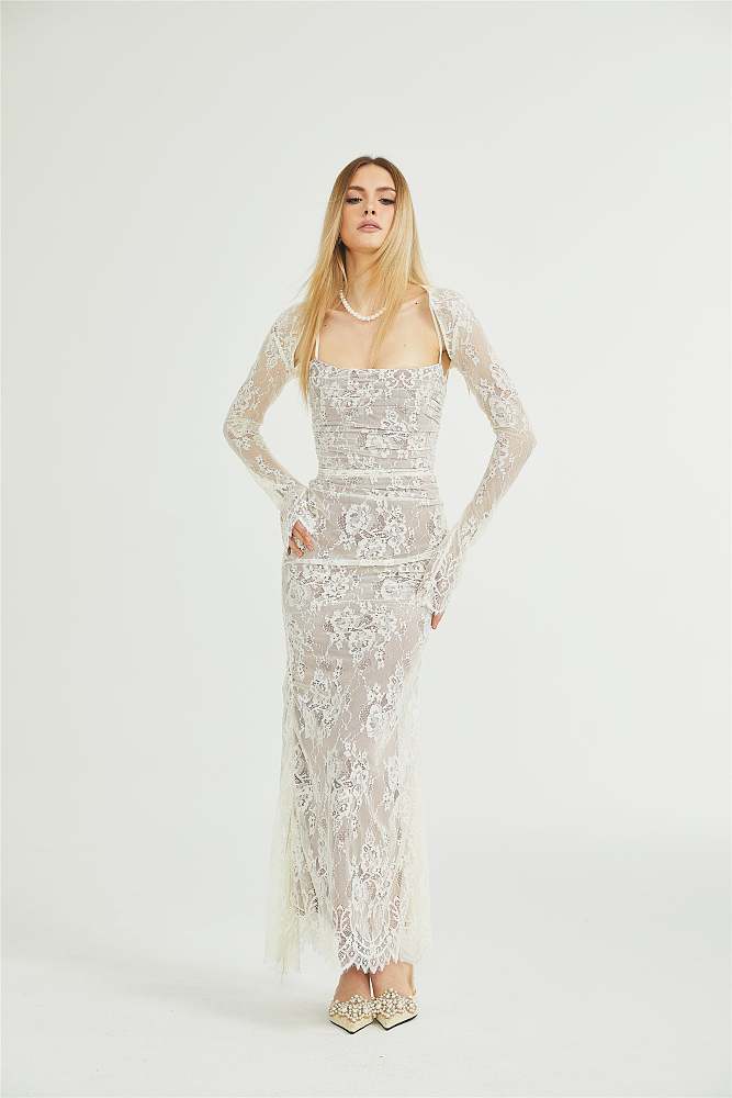 SUPER WHOLESALE |White Floral Lace Mesh Maxi Dress
