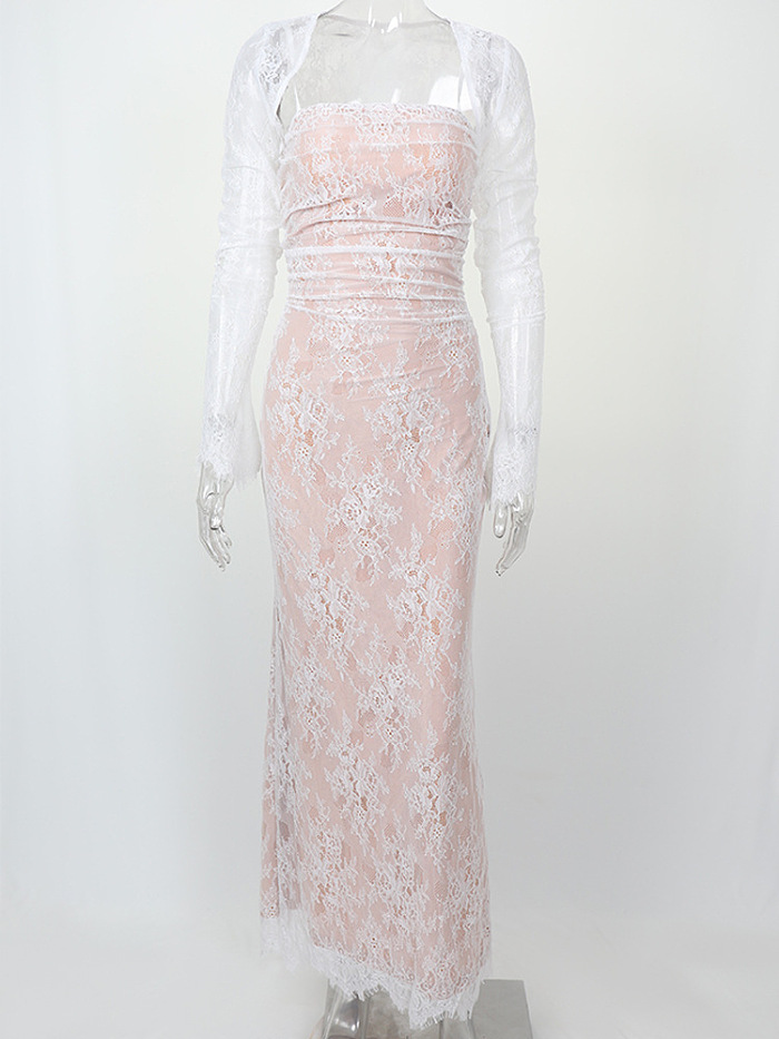 SUPER WHOLESALE |White Floral Lace Mesh Maxi Dress