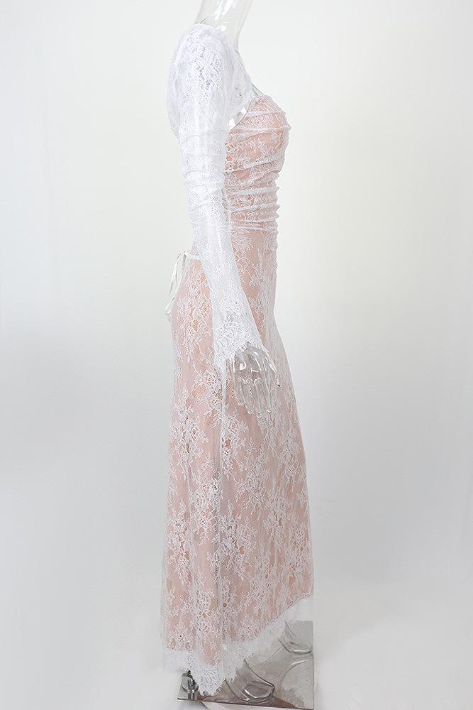 SUPER WHOLESALE |White Floral Lace Mesh Maxi Dress