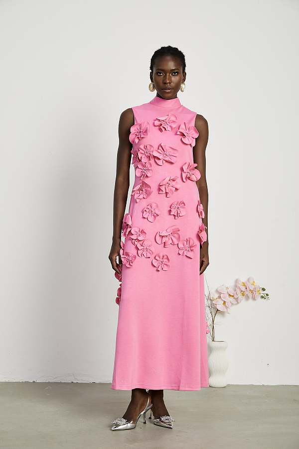SUPER WHOLESALE |  Bow-tie faux-flower Embellished Sleeveless Maxi Dress in Pink