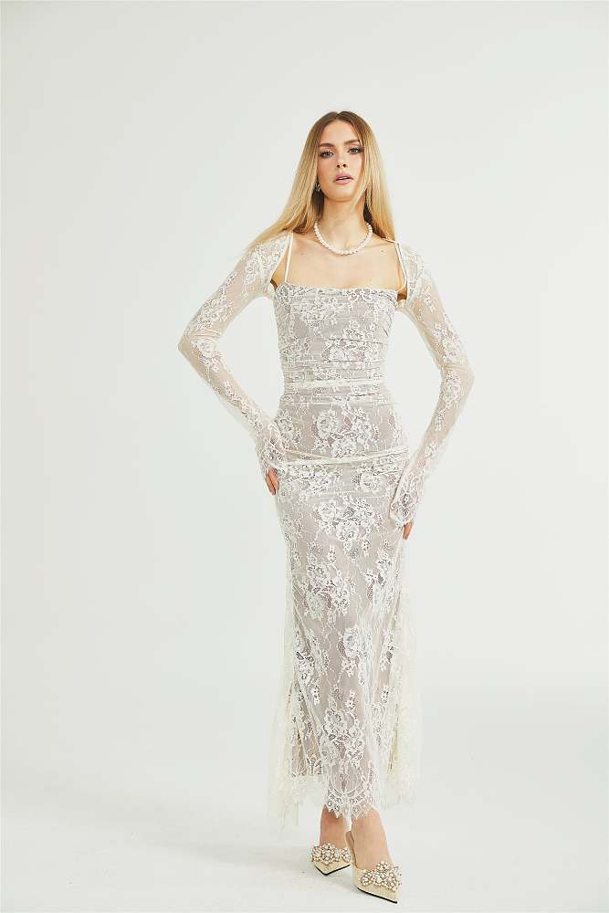 SUPER WHOLESALE |White Floral Lace Mesh Maxi Dress
