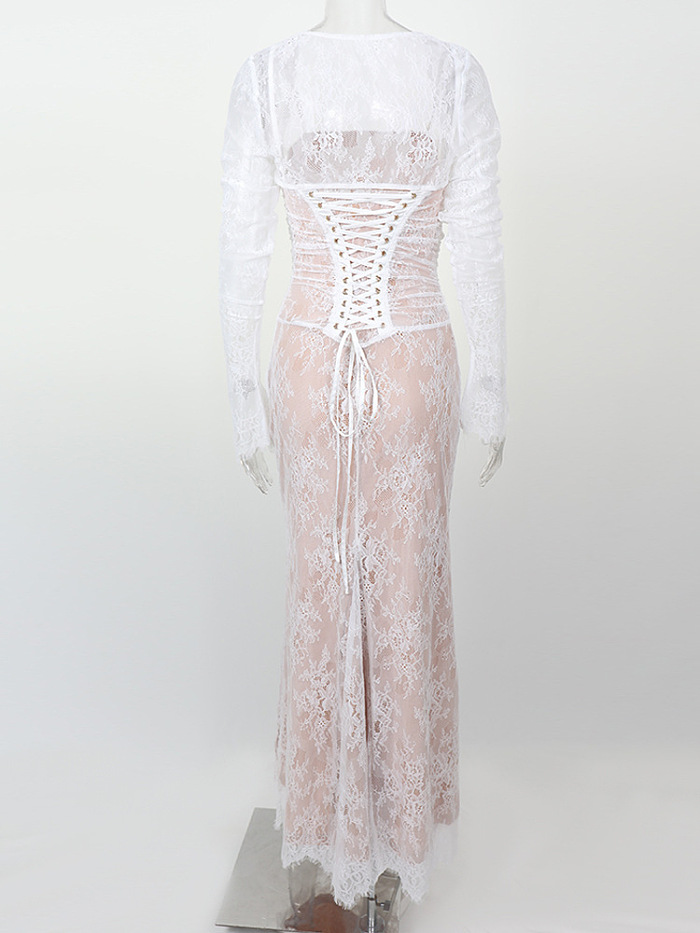 SUPER WHOLESALE |White Floral Lace Mesh Maxi Dress