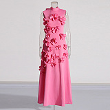 SUPER WHOLESALE |  Bow-tie faux-flower Embellished Sleeveless Maxi Dress in Pink