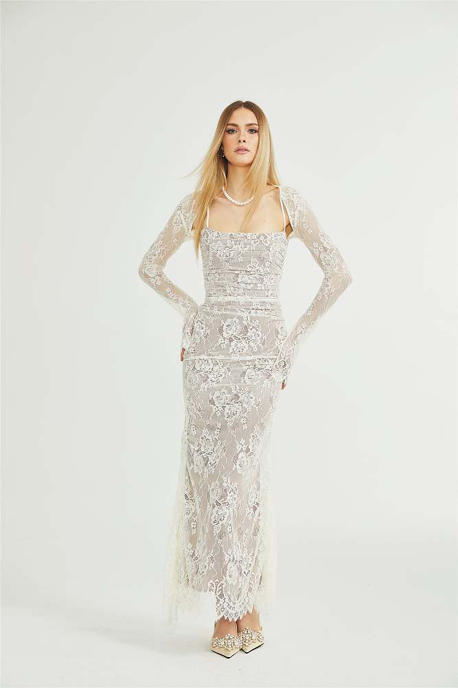 SUPER WHOLESALE |White Floral Lace Mesh Maxi Dress