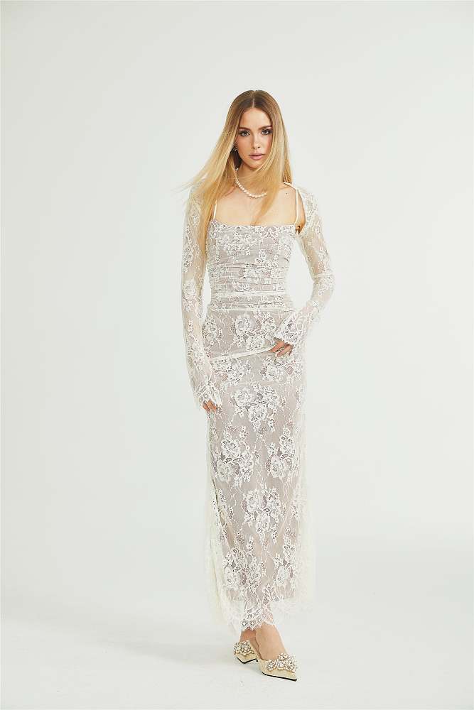 SUPER WHOLESALE |White Floral Lace Mesh Maxi Dress