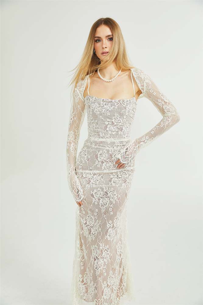 SUPER WHOLESALE |White Floral Lace Mesh Maxi Dress