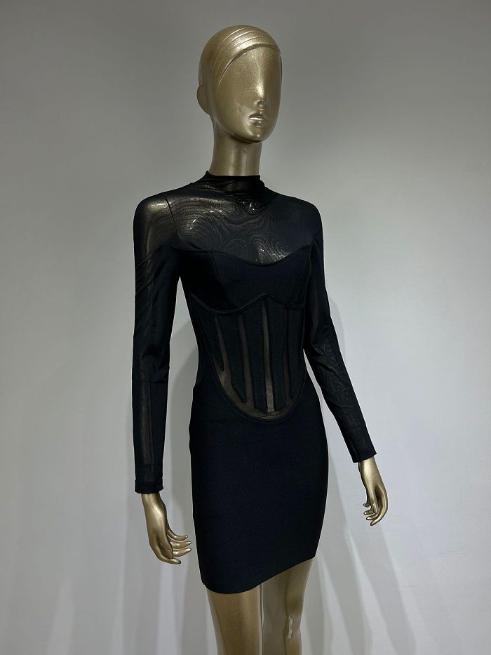 SUPER WHOLESALE | Mesh Long Sleeve High Neck Bodycon Dress.