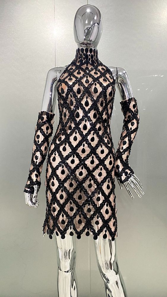 SUPER WHOLESALE |  Black Grid Double Layers Off-shoulder Dress with Gloves