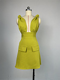 SUPER WHOLESALE | V-Neck Designed High-Waist Faux Pocket A-Line Spaghetti Strap Dress