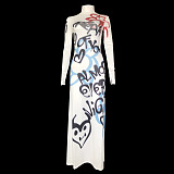 SUPER WHOLESALE |  High Neck Color-Block Graffiti Long Sleeve Bodycon Midi Dress