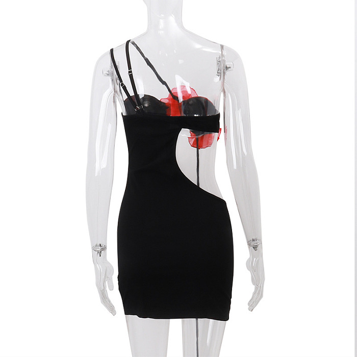 SUPER WHOLESALE |   Color-Block Sexy Hollowed-Out Rose Flower Bodycon Spaghetti Strap Dress.