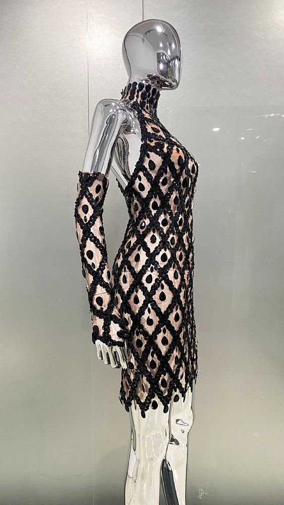 SUPER WHOLESALE |  Black Grid Double Layers Off-shoulder Dress with Gloves