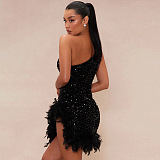 SUPER WHOLESALE |  Fashion Asymmetrical Shoulder Sequin Feather Bodycon Dress with Slit