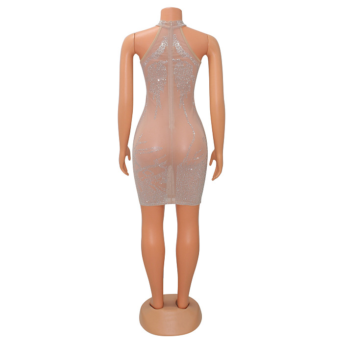 SUPER WHOLESALE |  Sexy Fitted Mesh Rhinestone-Embellished Sheer Women's Dress