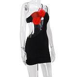 SUPER WHOLESALE |   Color-Block Sexy Hollowed-Out Rose Flower Bodycon Spaghetti Strap Dress.