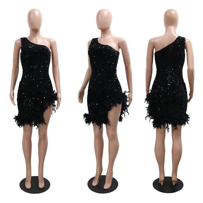 SUPER WHOLESALE |  Fashion Asymmetrical Shoulder Sequin Feather Bodycon Dress with Slit