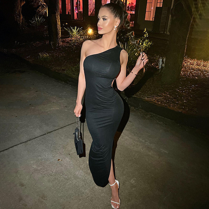 SUPER WHOLESALE | One-Shoulder Halter Neck Sexy Backless Chic Dress