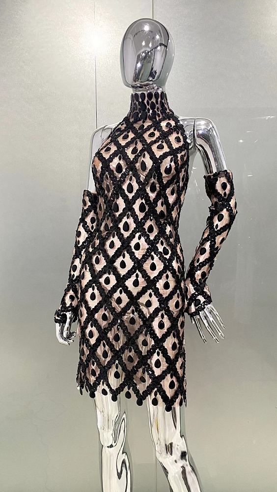 SUPER WHOLESALE |  Black Grid Double Layers Off-shoulder Dress with Gloves