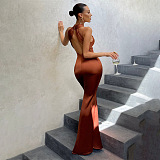 SUPER WHOLESALE | Sexy Solid Color Slim-Fit Sleeveless Backless Dress in Coffee