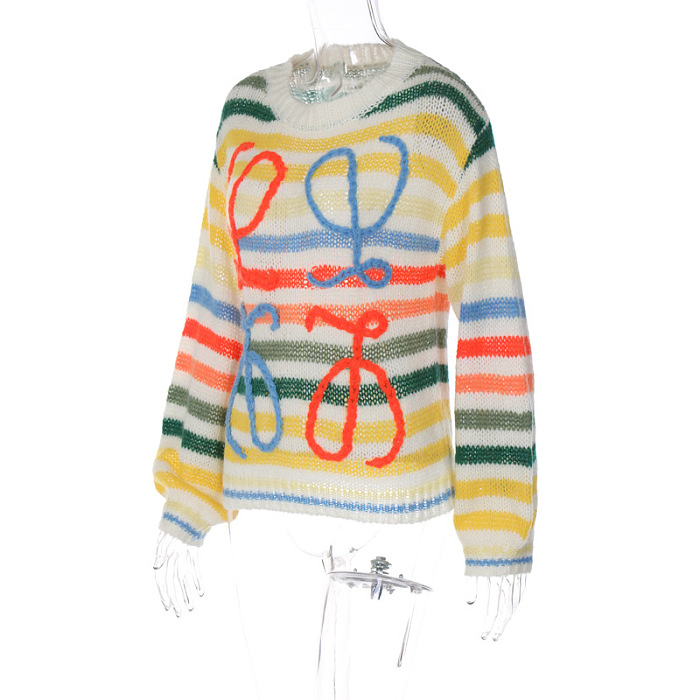 SUPER WHOLESALE | Colorful Striped Color-Block Sweater Women Loose Pullover Knit Top
