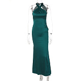 SUPER WHOLESALE |Sexy Solid Color Slim-Fit Sleeveless Backless Dress in Cyan