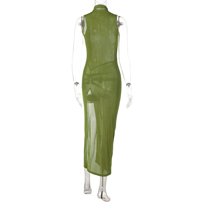SUPER WHOLESALE | Sleeveless Slit Mid-Length Dress Sexy Fitted Dress