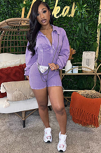 SUPER WHOLESALE | Washed Vintage Style Lapel Deep V-Neck Fitted Long Sleeve Jumpsuit