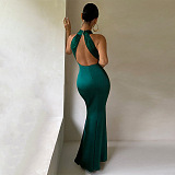 SUPER WHOLESALE |Sexy Solid Color Slim-Fit Sleeveless Backless Dress in Cyan