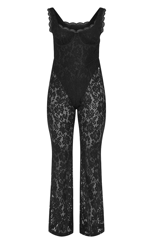 SUPER WHOLESALE | Lace Pattern Sheer Strap Flared Jumpsuit