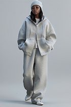SUPER WHOLESALE | Casual Zip-Up Hoodie Jacket + Drawstring Wide-Leg Pants Two-Piece Set Grey
