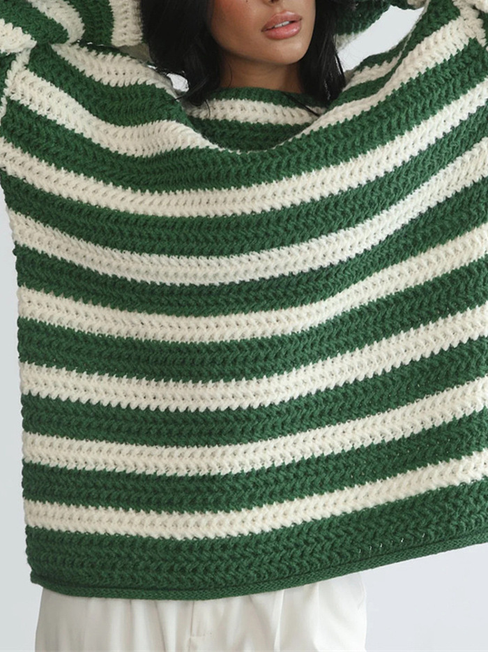 SUPER WHOLESALE | Loose Off-Shoulder Striped Long-Sleeve Knit Pullover Sweater
