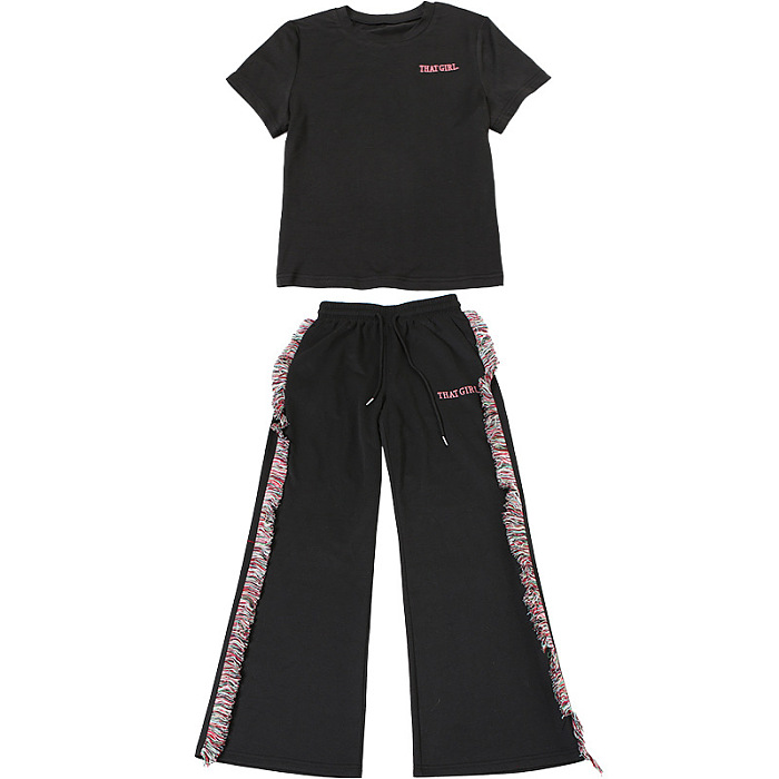 SUPER WHOLESALE | Round-neck embroidered short-sleeve T-shirt with high-waisted colorful fringe casual pants