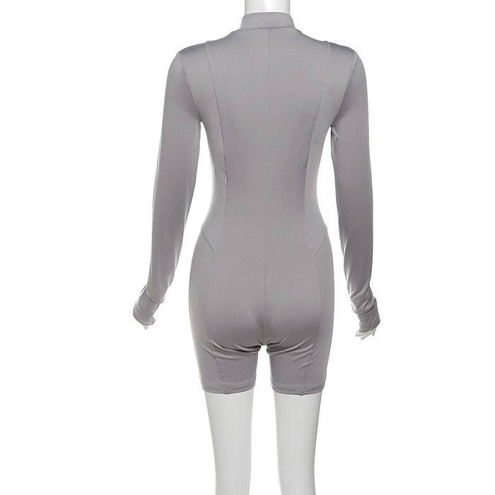 SUPER WHOLESALE |Slim Fit Zipper Long-Sleeve Solid Color Hip-Lifting Romper Shorts