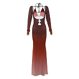 SUPER WHOLESALE |Halter Crop Top and Long-Sleeve Hollow-Out Maxi Skirt Set