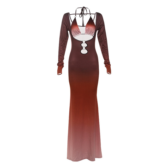 SUPER WHOLESALE |Halter Crop Top and Long-Sleeve Hollow-Out Maxi Skirt Set