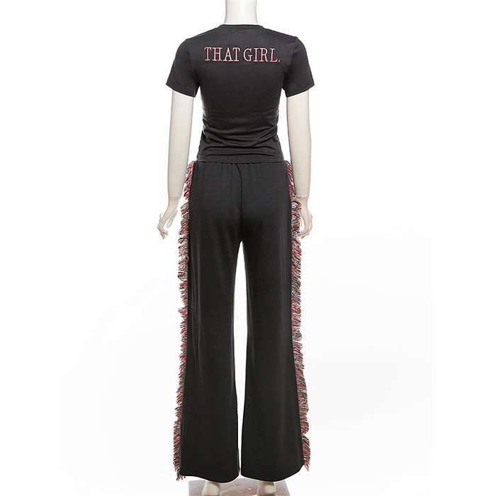 SUPER WHOLESALE | Round-neck embroidered short-sleeve T-shirt with high-waisted colorful fringe casual pants