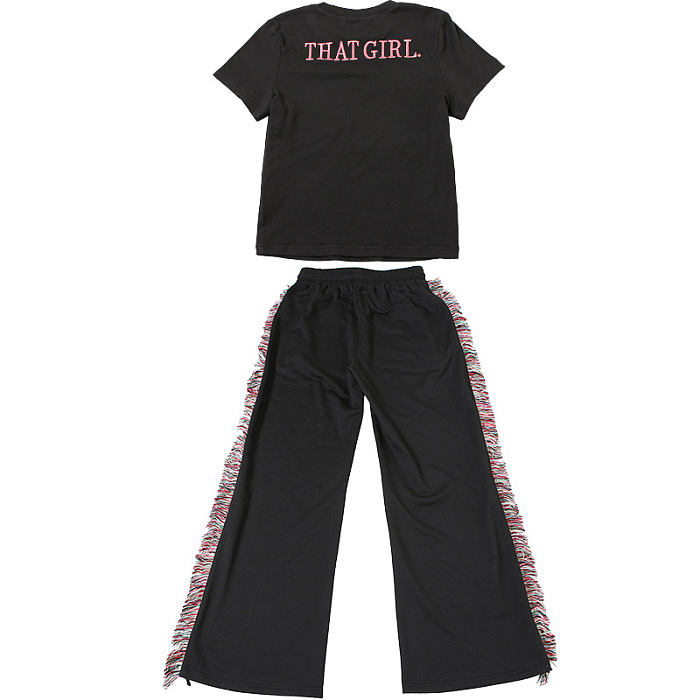 SUPER WHOLESALE | Round-neck embroidered short-sleeve T-shirt with high-waisted colorful fringe casual pants