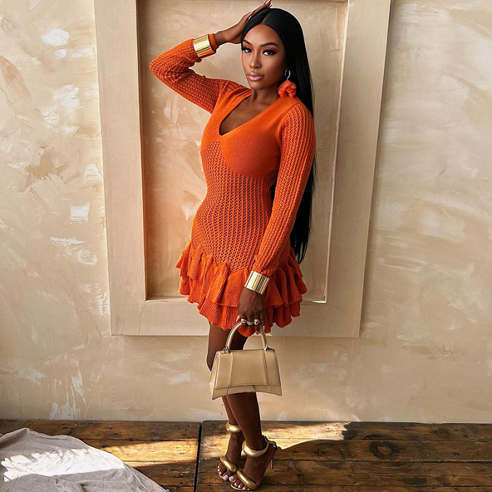 SUPER WHOLESALE |V-Neck Slim-Fit Long Sleeve Dress with Ruffle Edge and Bodycon Mini Skirt