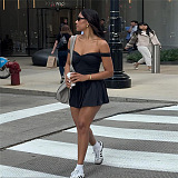 SUPER WHOLESALE | Vintage Sexy Off-Shoulder Bodycon Mini Skirt Solid Color Dress
