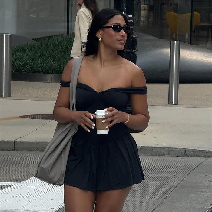 SUPER WHOLESALE | Vintage Sexy Off-Shoulder Bodycon Mini Skirt Solid Color Dress
