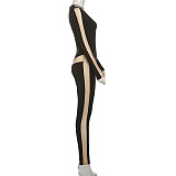SUPER WHOLESALE | Sheer Round Neck Long Sleeve High-Waist Slim-Fit Jumpsuit
