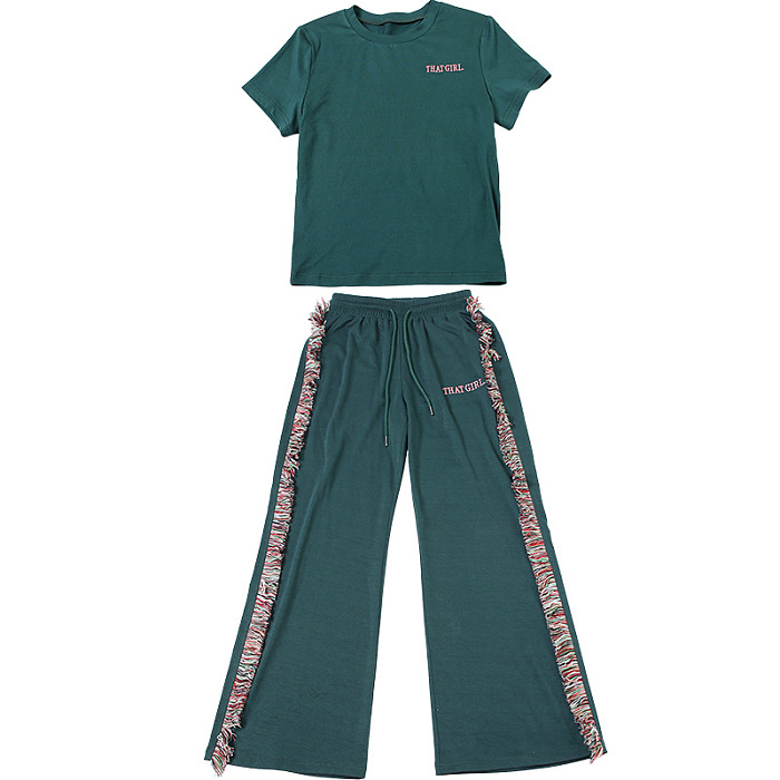 SUPER WHOLESALE | Round-neck embroidered short-sleeve T-shirt with high-waisted colorful fringe casual pants
