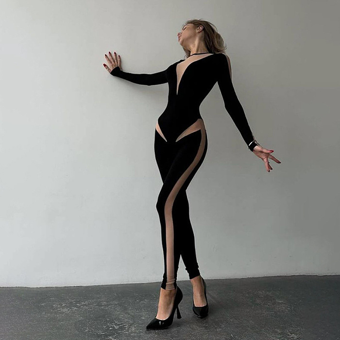 SUPER WHOLESALE | Sheer Round Neck Long Sleeve High-Waist Slim-Fit Jumpsuit