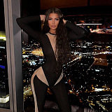 SUPER WHOLESALE | Sheer Round Neck Long Sleeve High-Waist Slim-Fit Jumpsuit